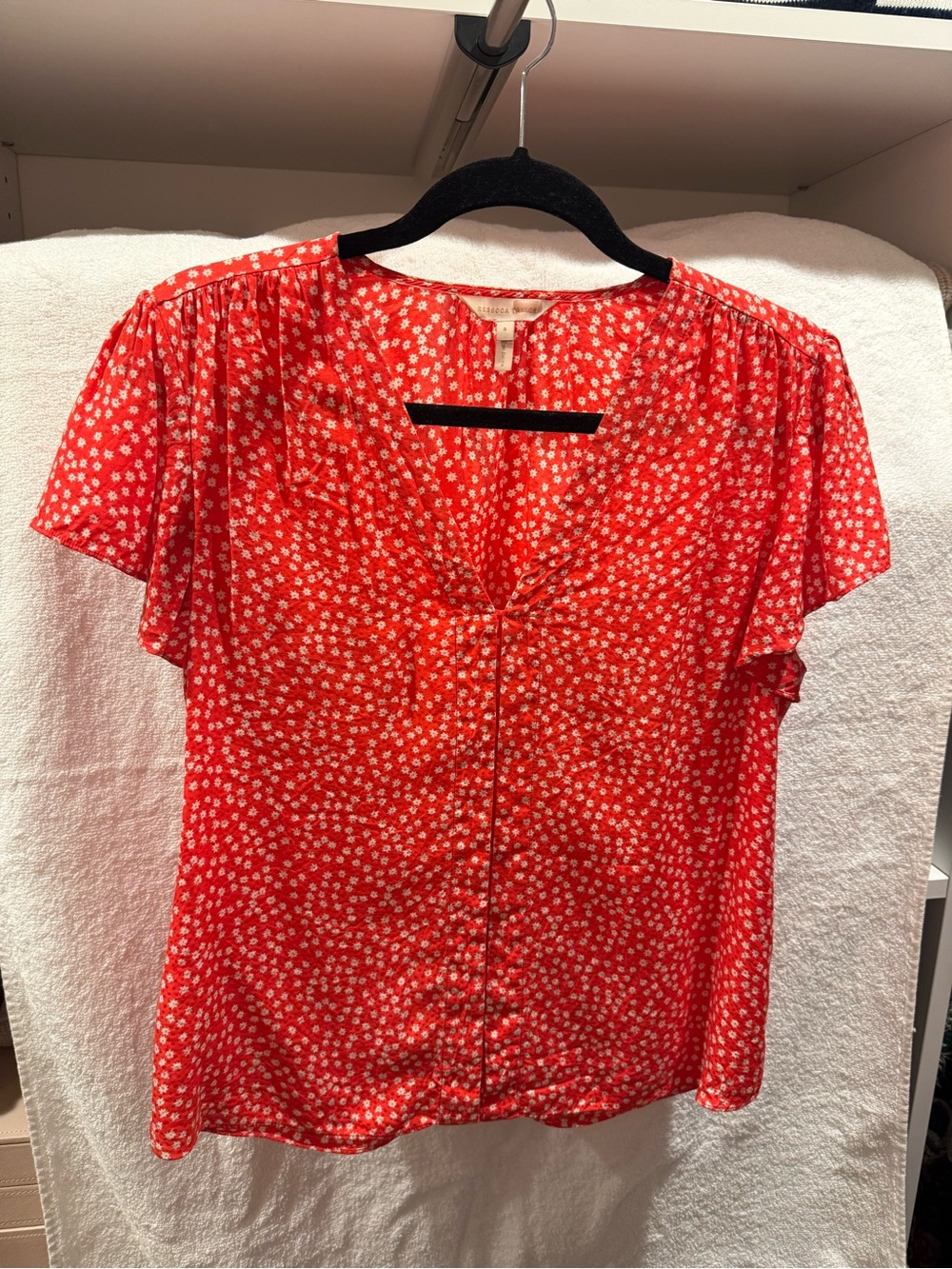 Rebecca Taylor Red Floral V-Neck Short Sleeve Blouse